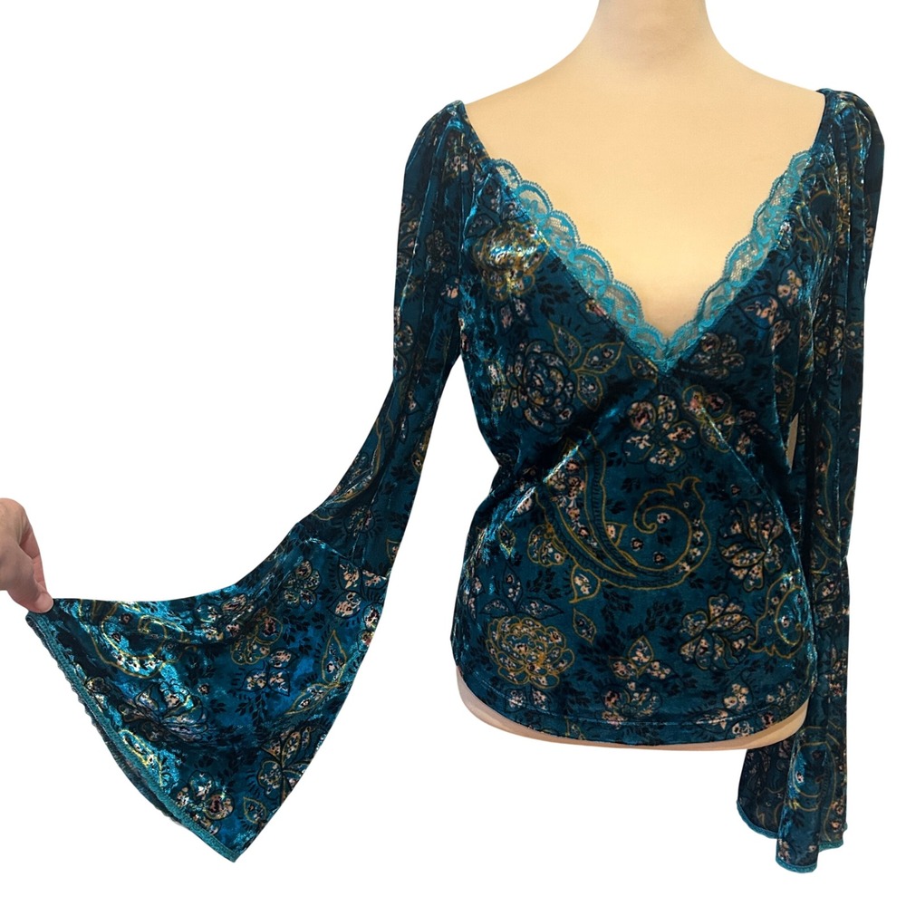 Free People Top Sz S Teal Floral Velvet Lace Bell Sleeve Whimsigoth Forest Fairy